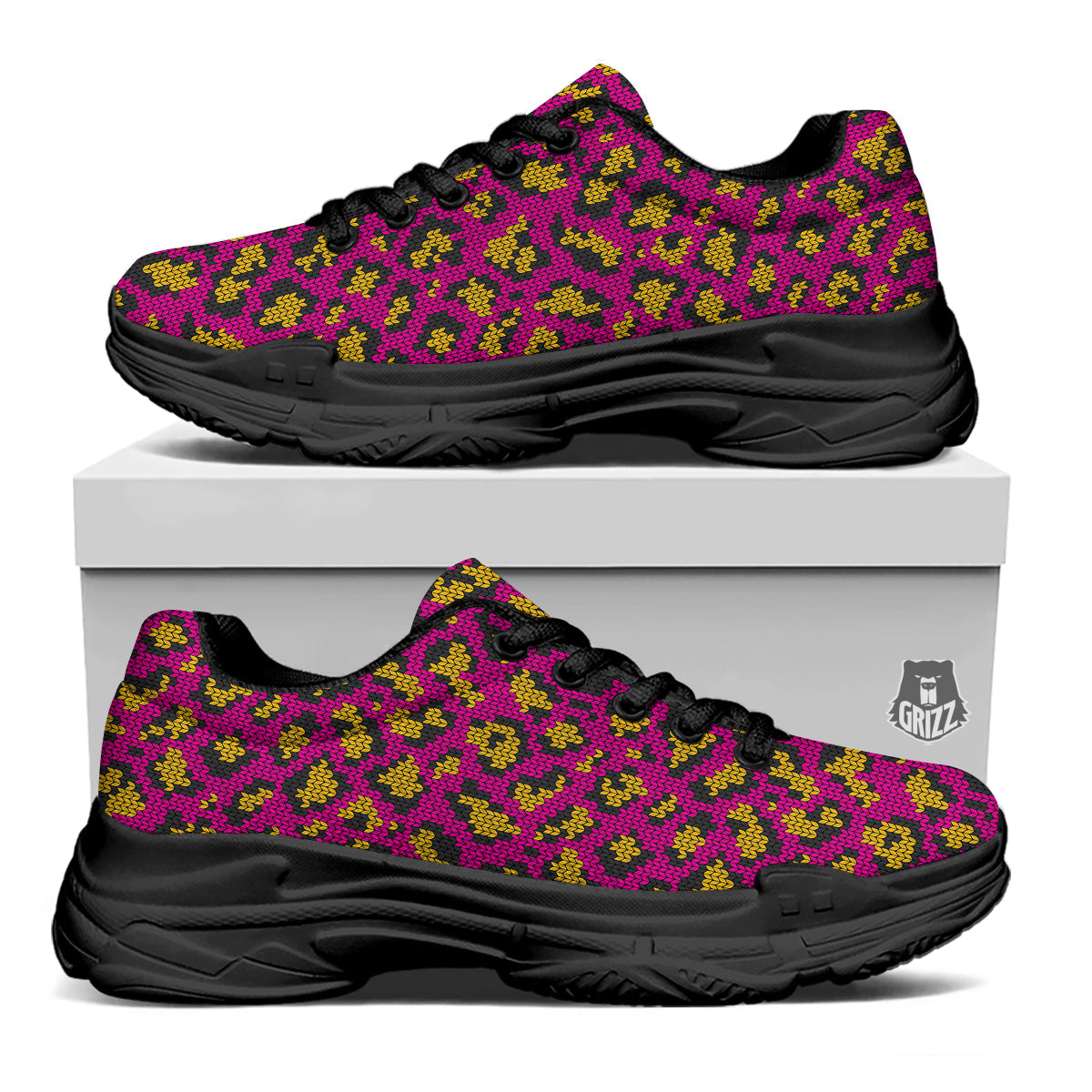 Knitted Wild Pink Leopard Print Pattern Black Chunky Shoes-grizzshop