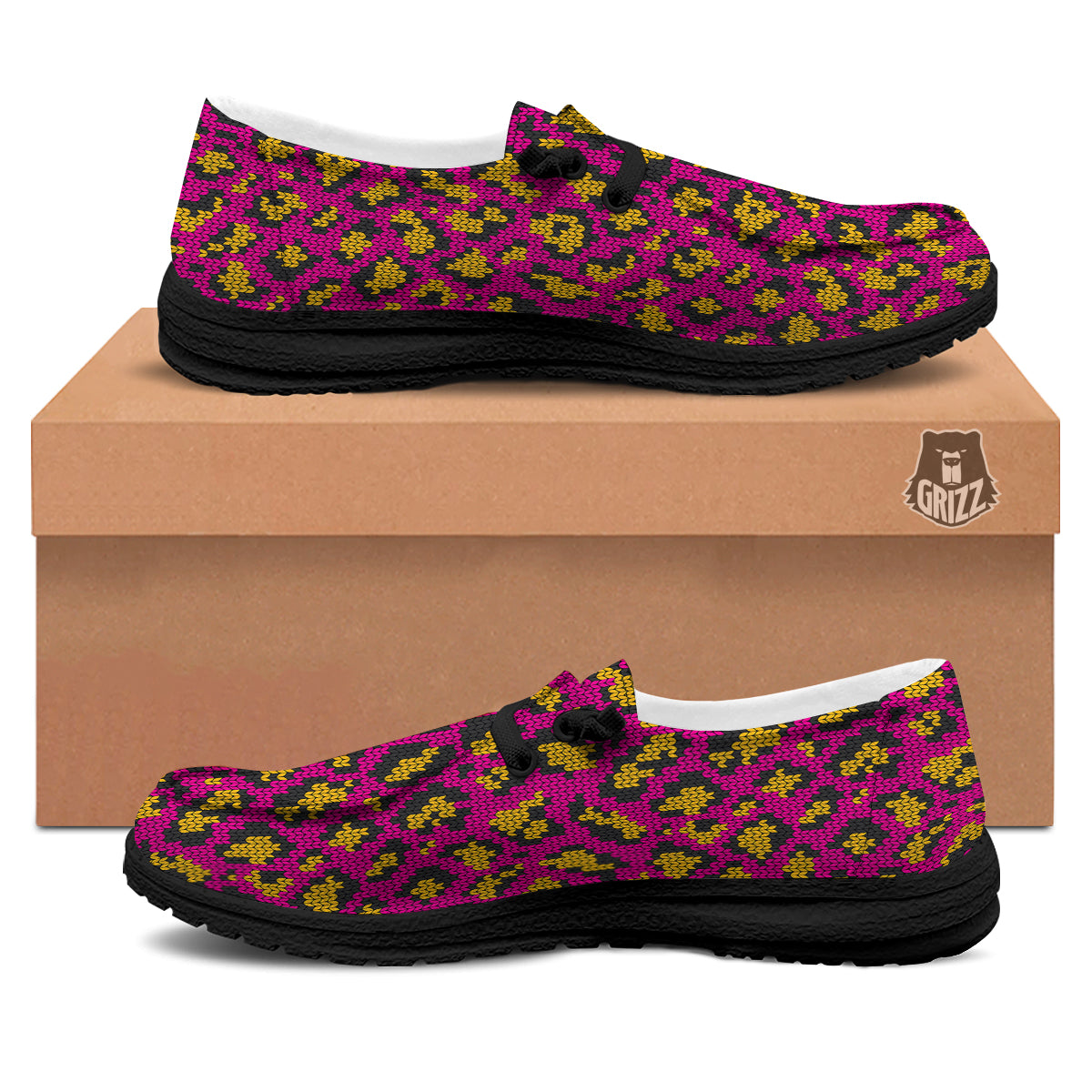 Knitted Wild Pink Leopard Print Pattern Black Loafers-grizzshop