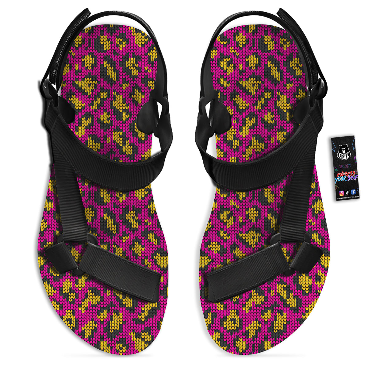 Knitted Wild Pink Leopard Print Pattern Black Open Toe Sandals-grizzshop