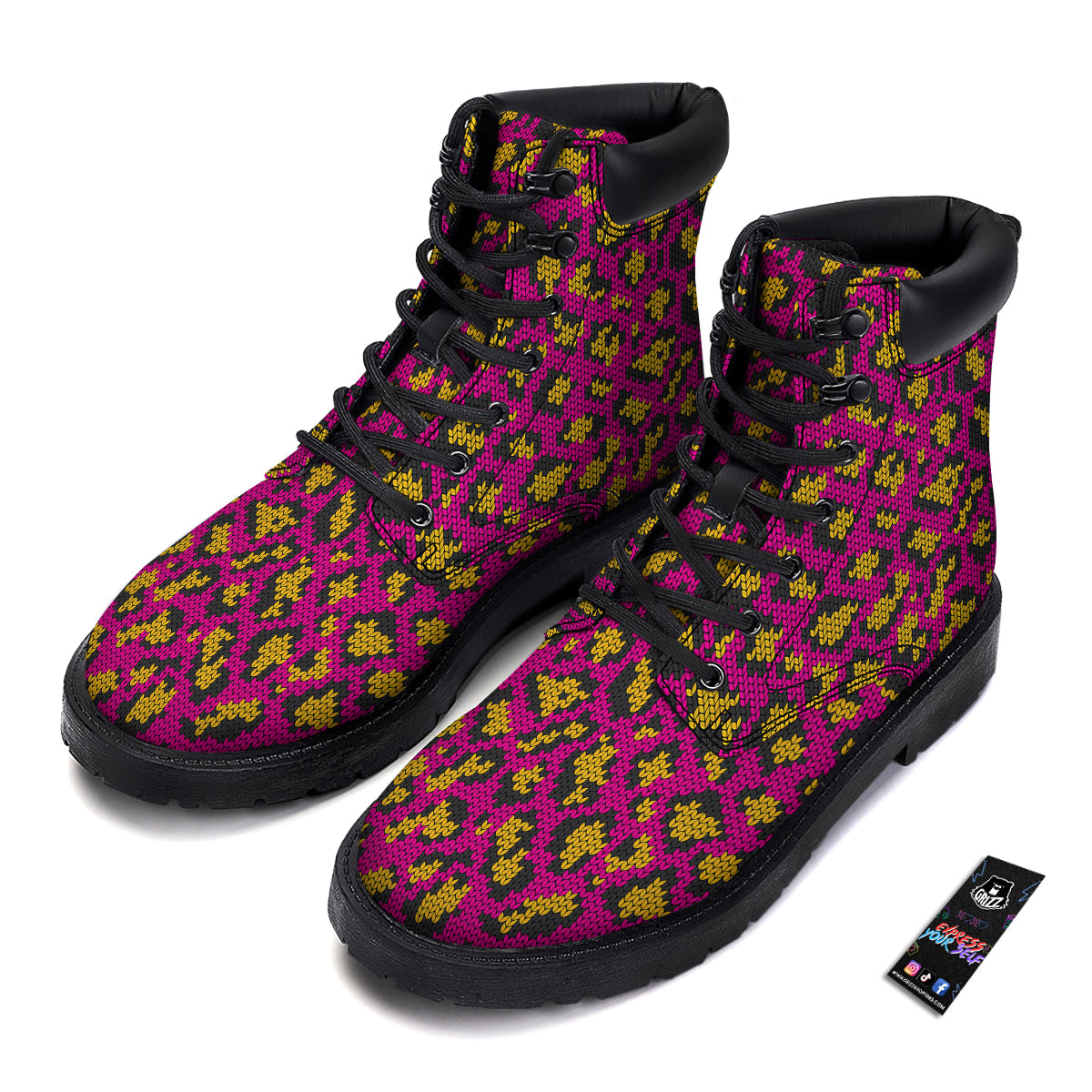 Knitted Wild Pink Leopard Print Pattern Boots-grizzshop