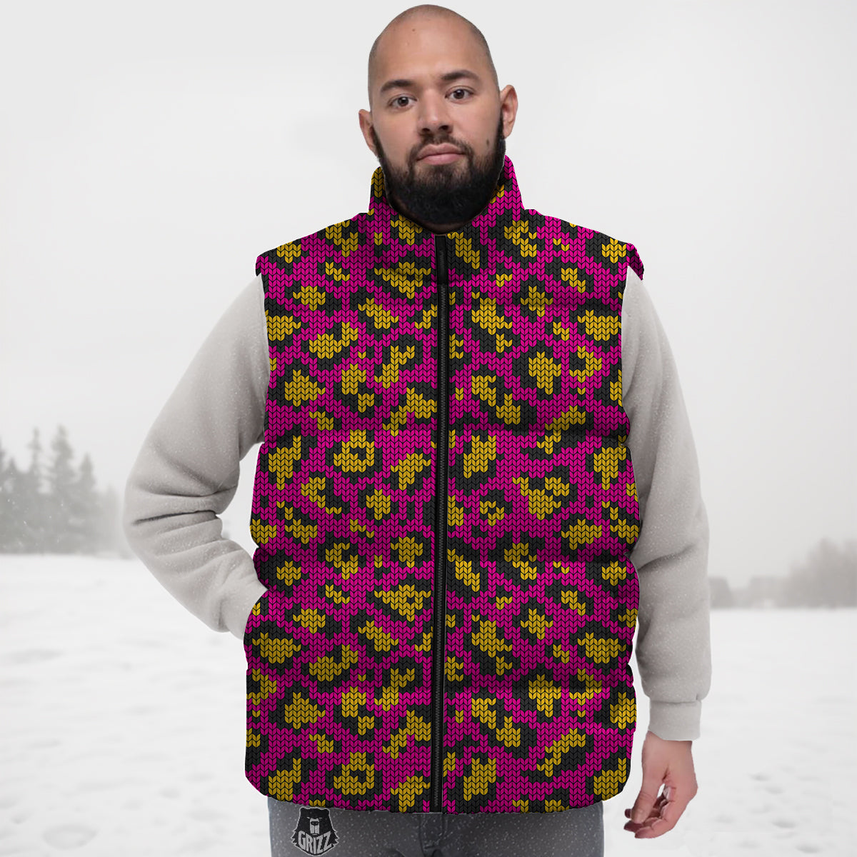 Knitted Wild Pink Leopard Print Pattern Down Vest