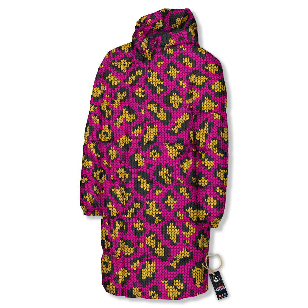 Knitted Wild Pink Leopard Print Pattern Long Down Jacket-grizzshop