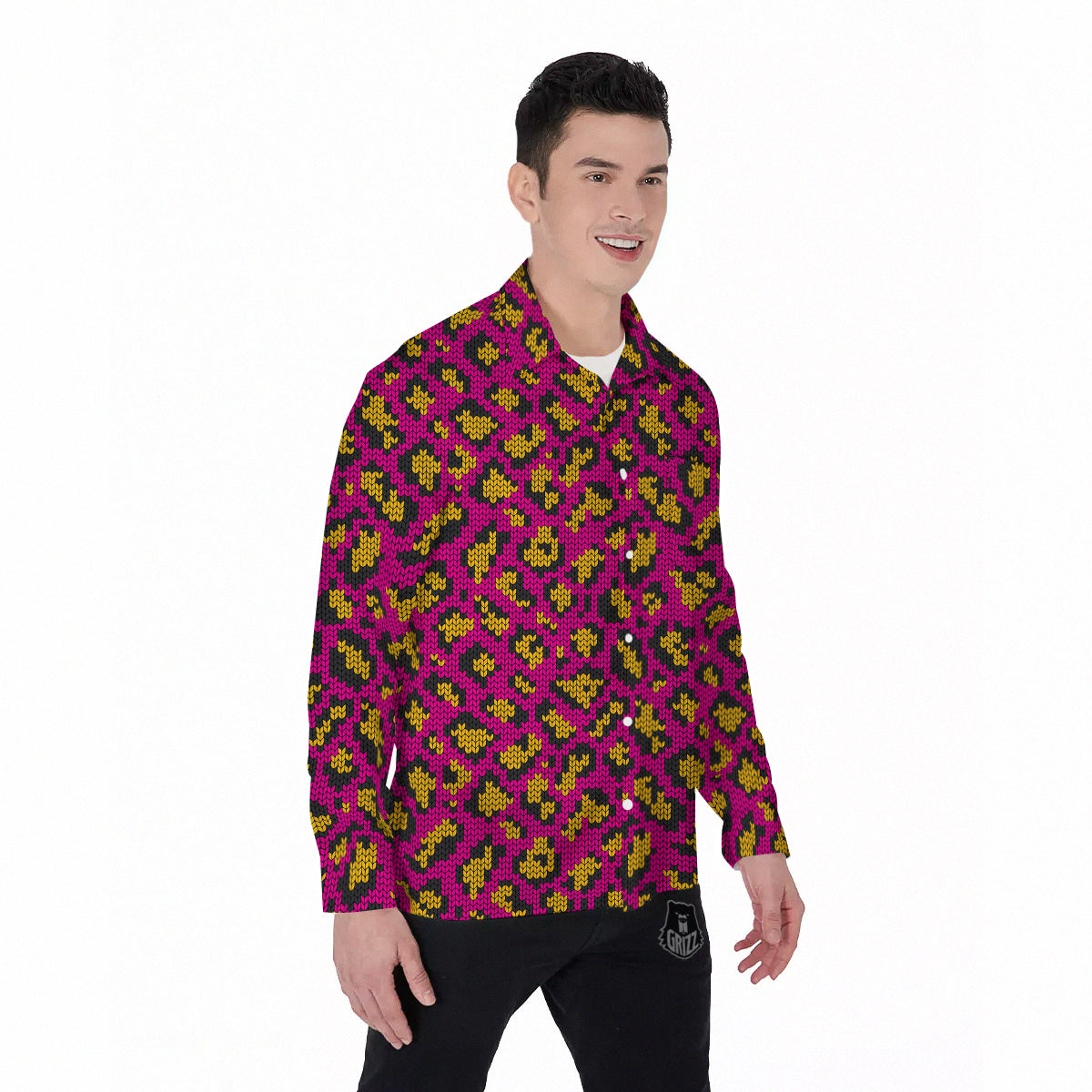 Knitted Wild Pink Leopard Print Pattern Men's Long Sleeve Shirts-grizzshop