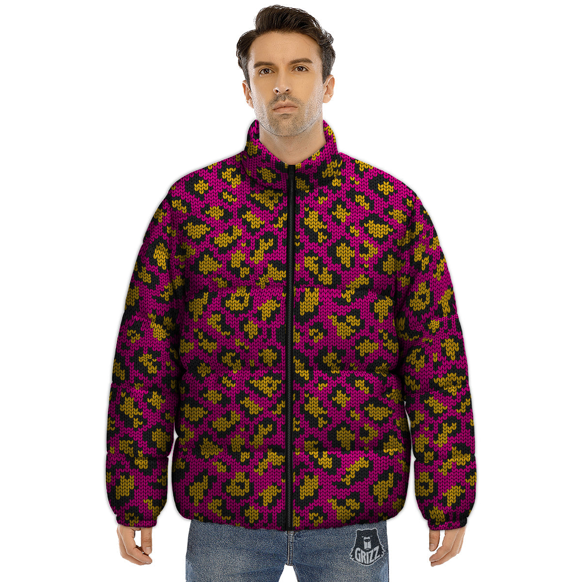 Knitted Wild Pink Leopard Print Pattern Puffer Jacket-grizzshop