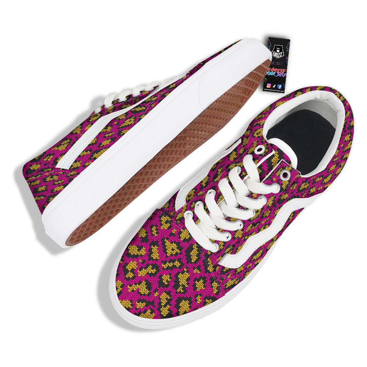 Knitted Wild Pink Leopard Print Pattern Skate Shoes-grizzshop