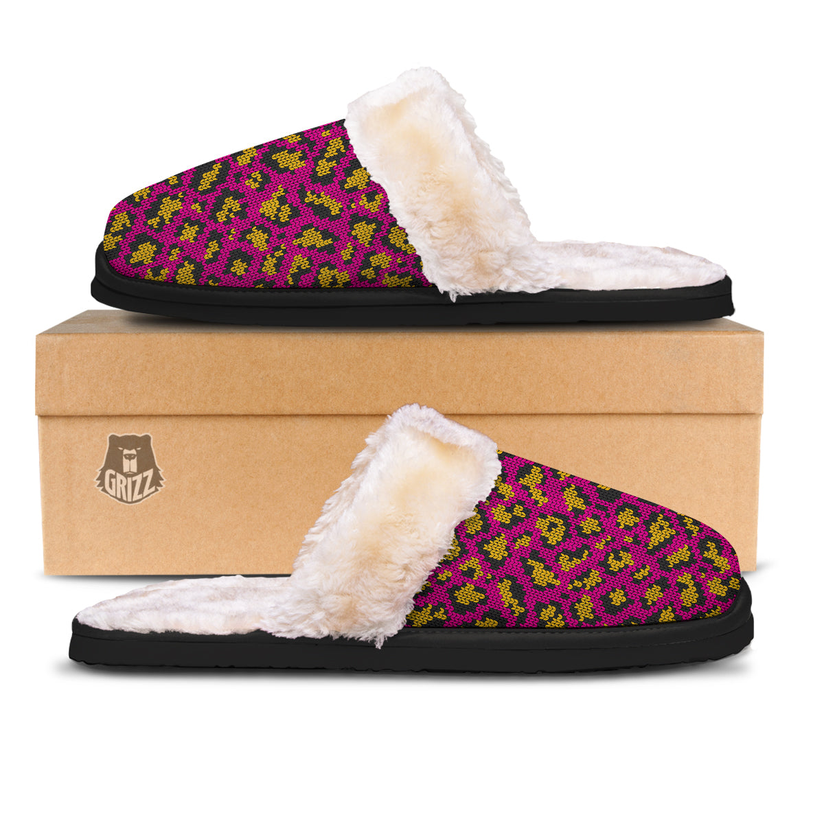 Knitted Wild Pink Leopard Print Pattern Slippers-grizzshop