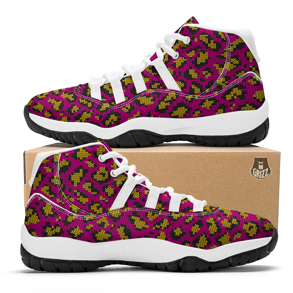 Knitted Wild Pink Leopard Print Pattern White Bball Shoes-grizzshop