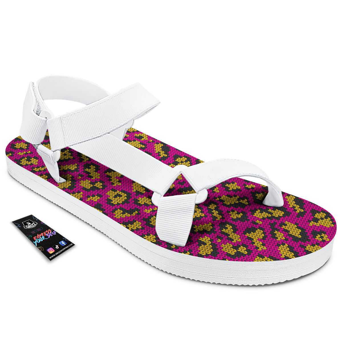 Knitted Wild Pink Leopard Print Pattern White Open Toe Sandals-grizzshop