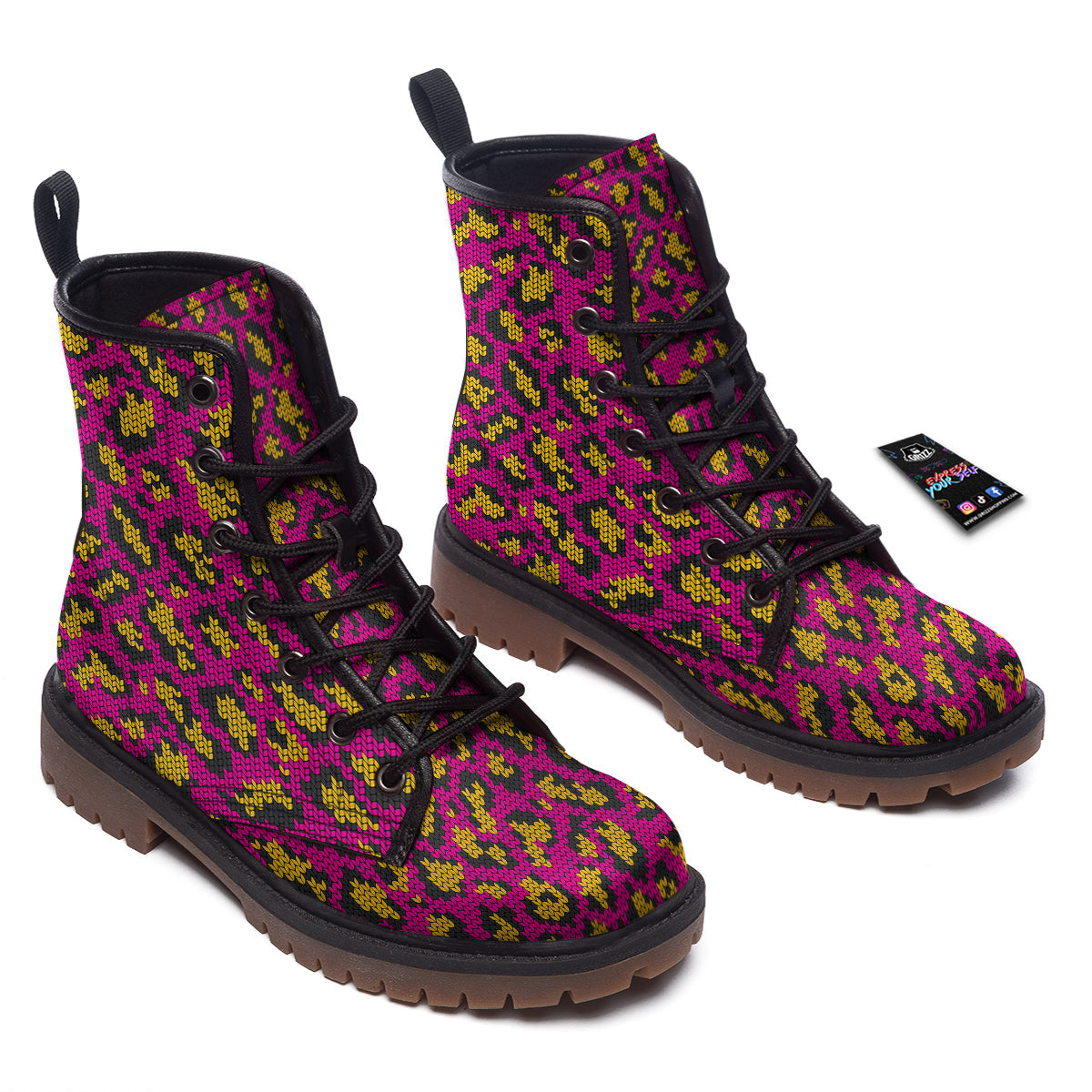 Knitted Wild Pink Leopard Print Pattern Work Boots-grizzshop