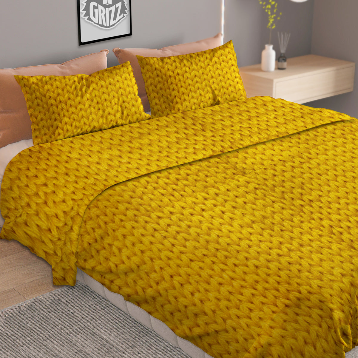 Knitted Yellow Print Pattern Duvet Cover Bedding Set