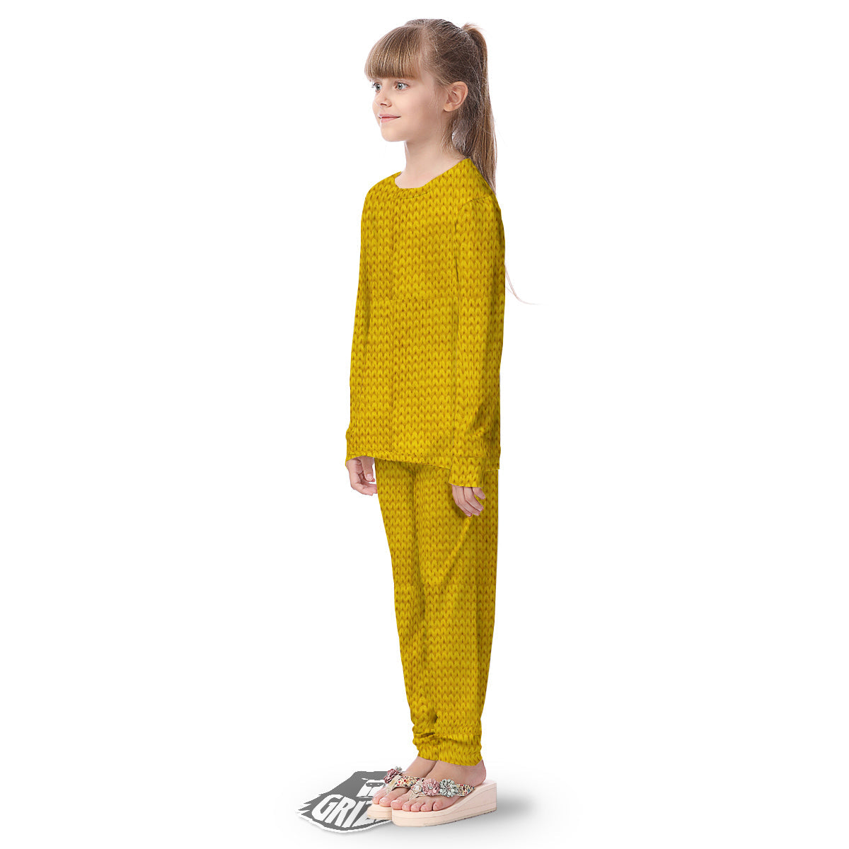 Knitted Yellow Print Pattern Kid's Pajamas-grizzshop