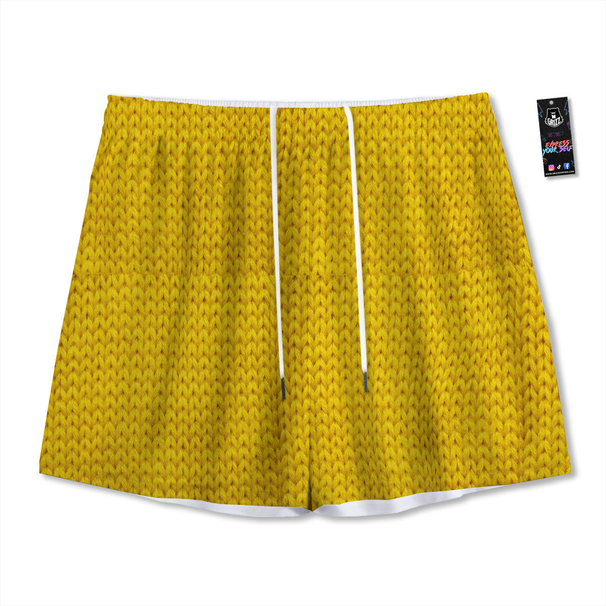 Knitted Yellow Print Pattern Mesh Shorts