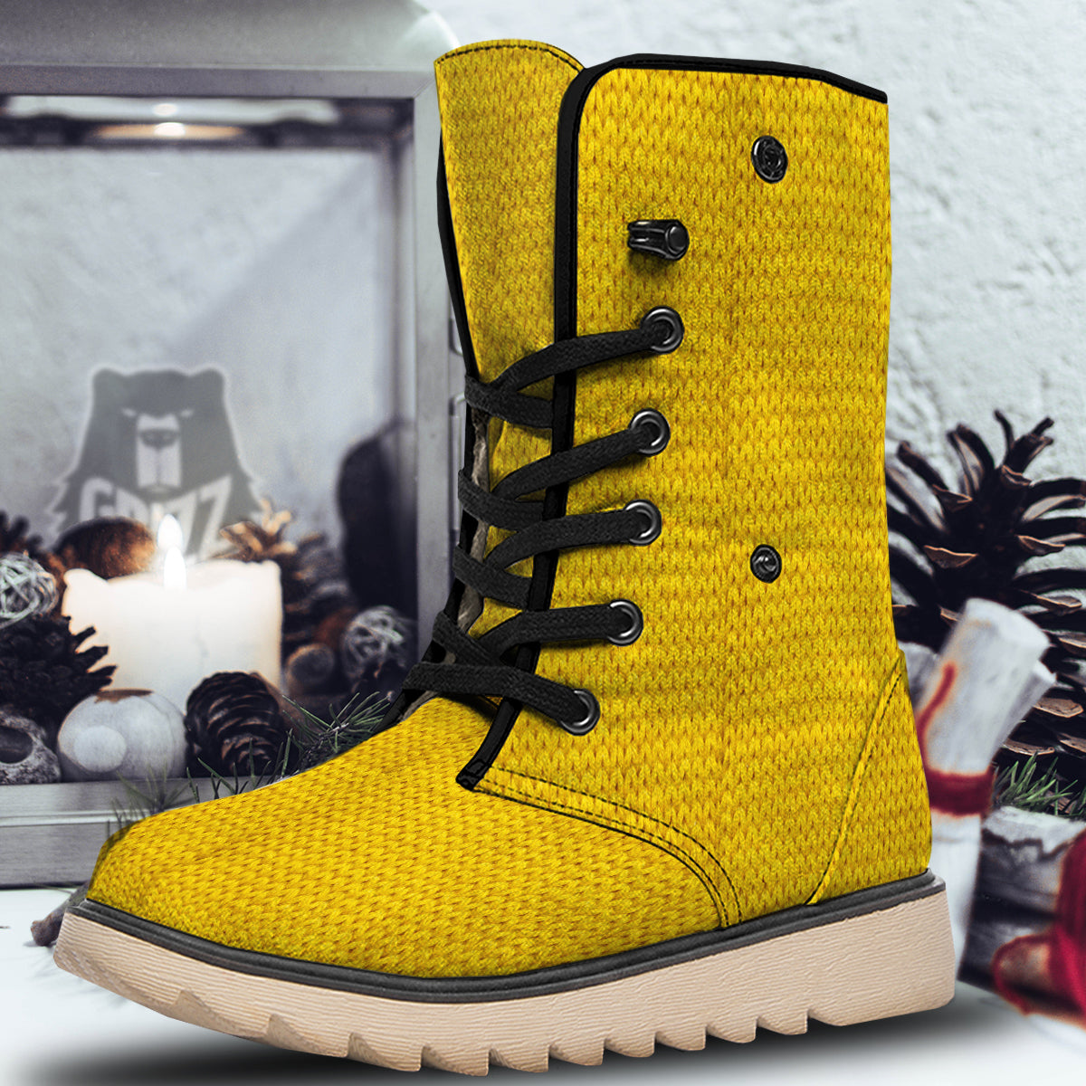 Knitted Yellow Print Pattern Snow Boots-grizzshop