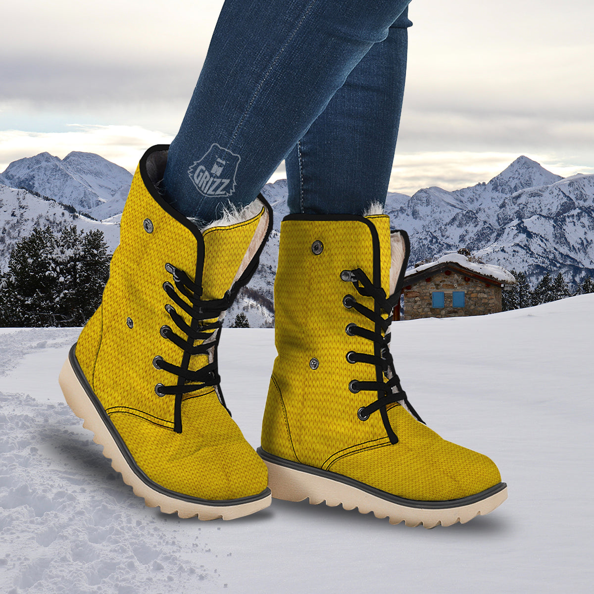 Knitted Yellow Print Pattern Snow Boots-grizzshop