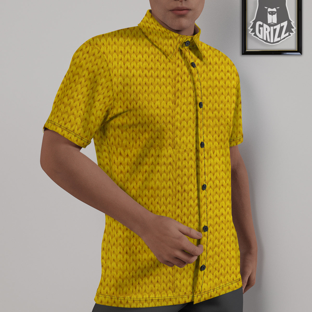 Knitted Yellow Print Pattern Untucked Shirts-grizzshop