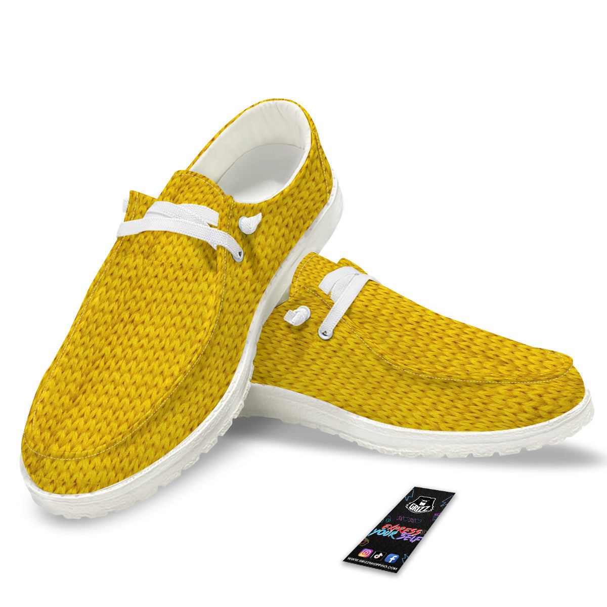 Knitted Yellow Print Pattern White Loafers-grizzshop