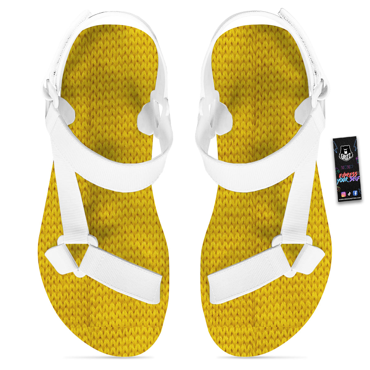 Knitted Yellow Print Pattern White Open Toe Sandals-grizzshop