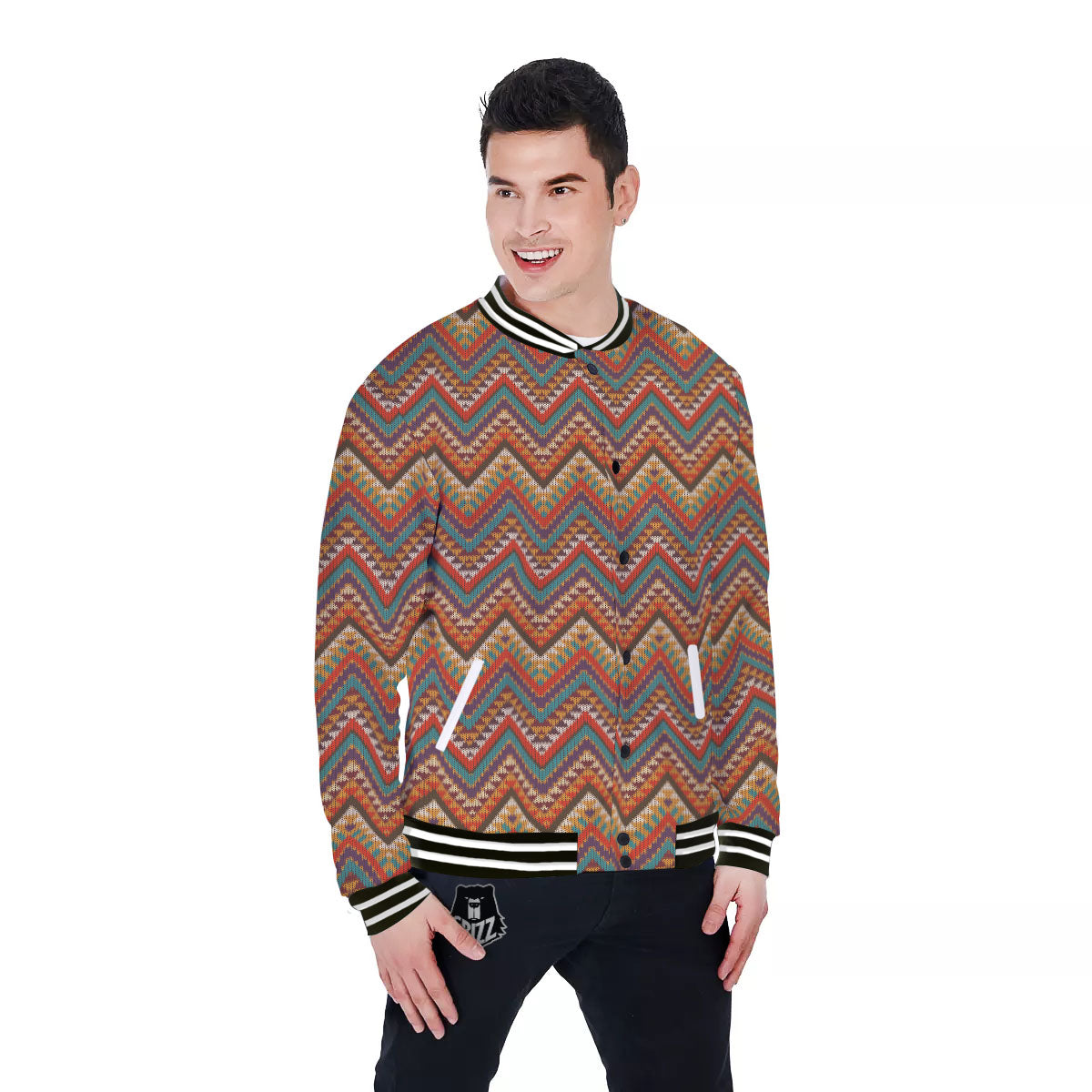 Knitted Zigzag Print Pattern Baseball Jacket-grizzshop
