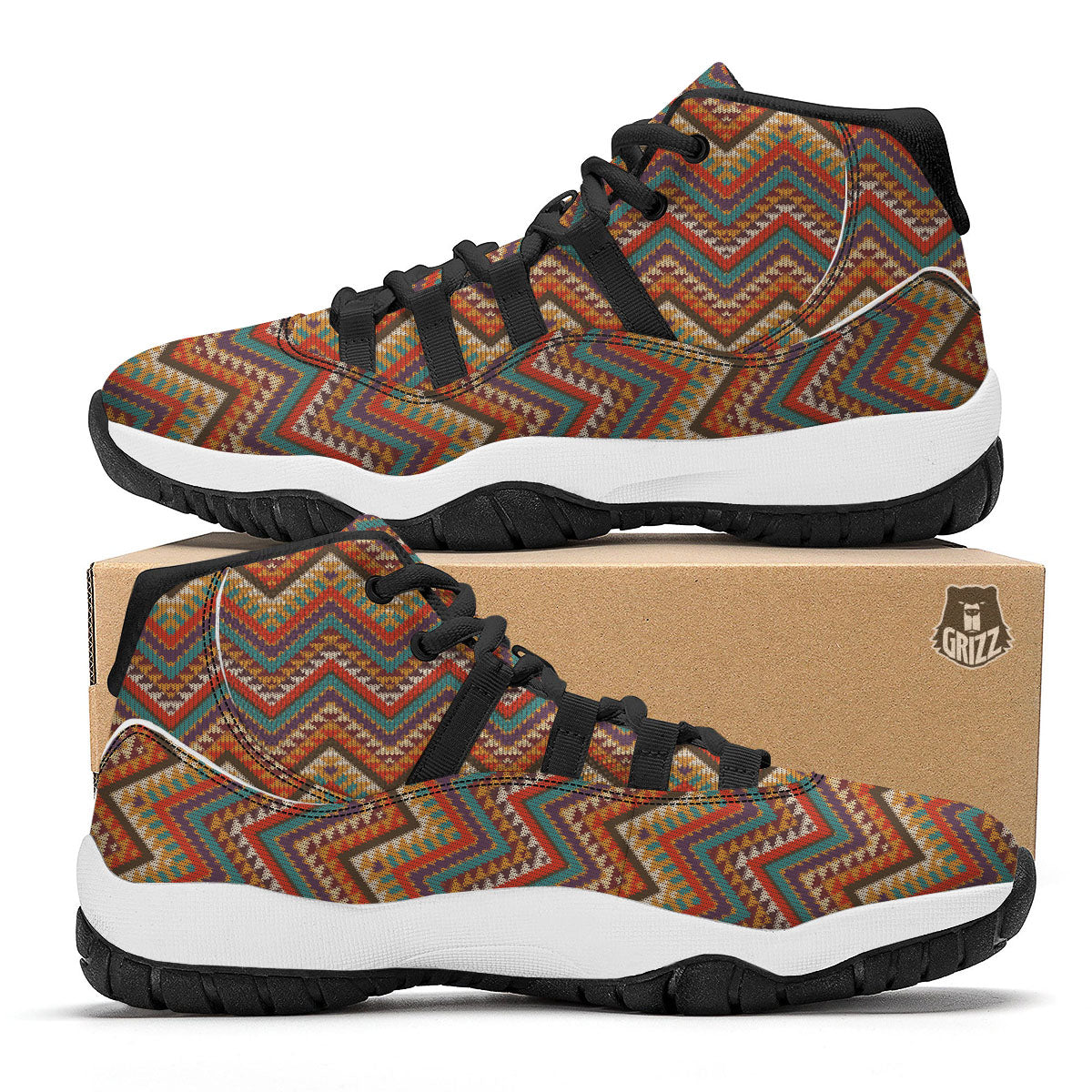 Knitted Zigzag Print Pattern Black Bball Shoes-grizzshop