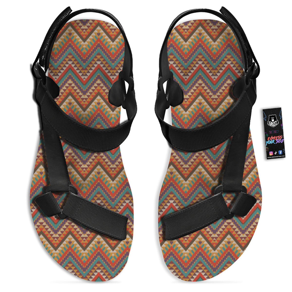 Knitted Zigzag Print Pattern Black Open Toe Sandals-grizzshop