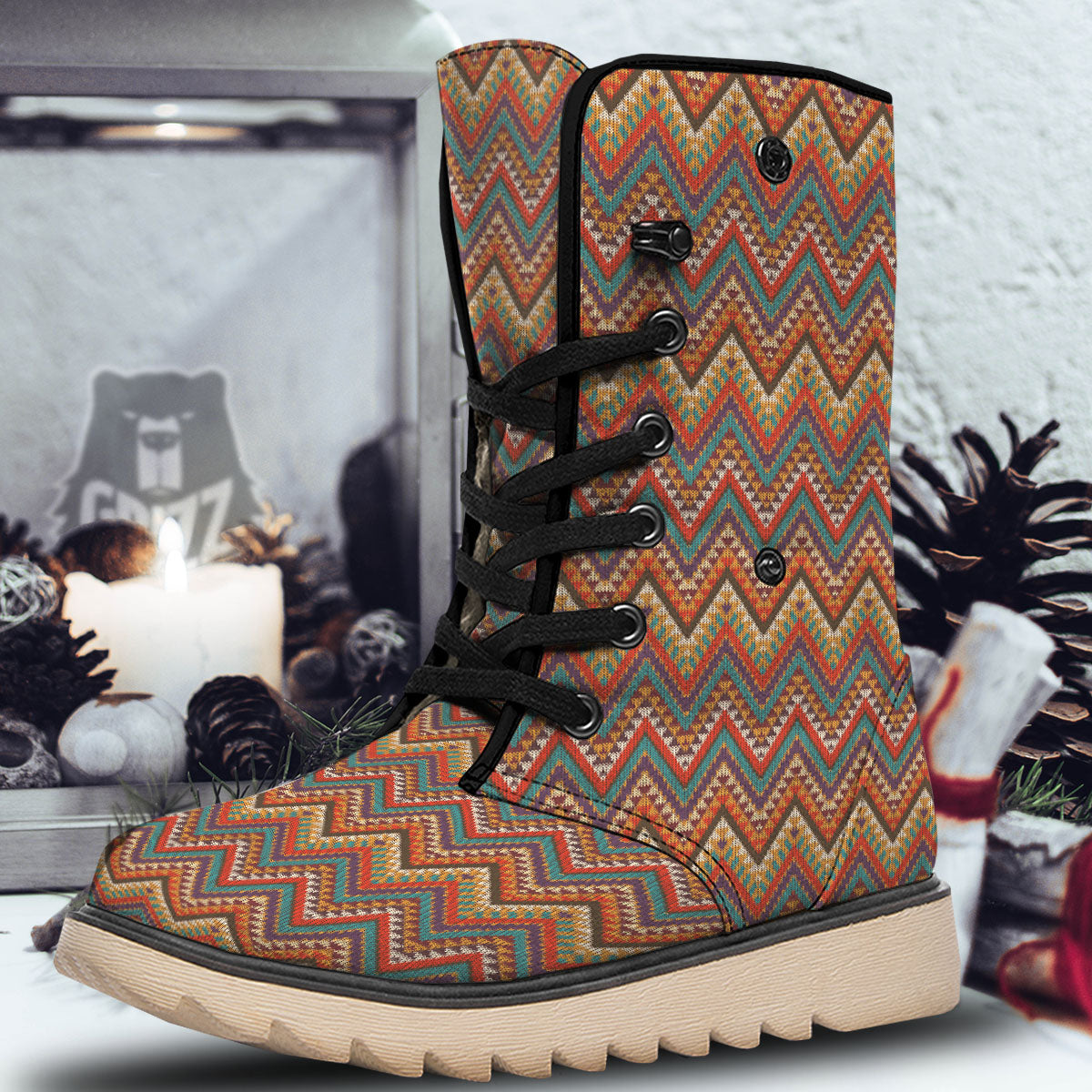 Knitted Zigzag Print Pattern Snow Boots-grizzshop