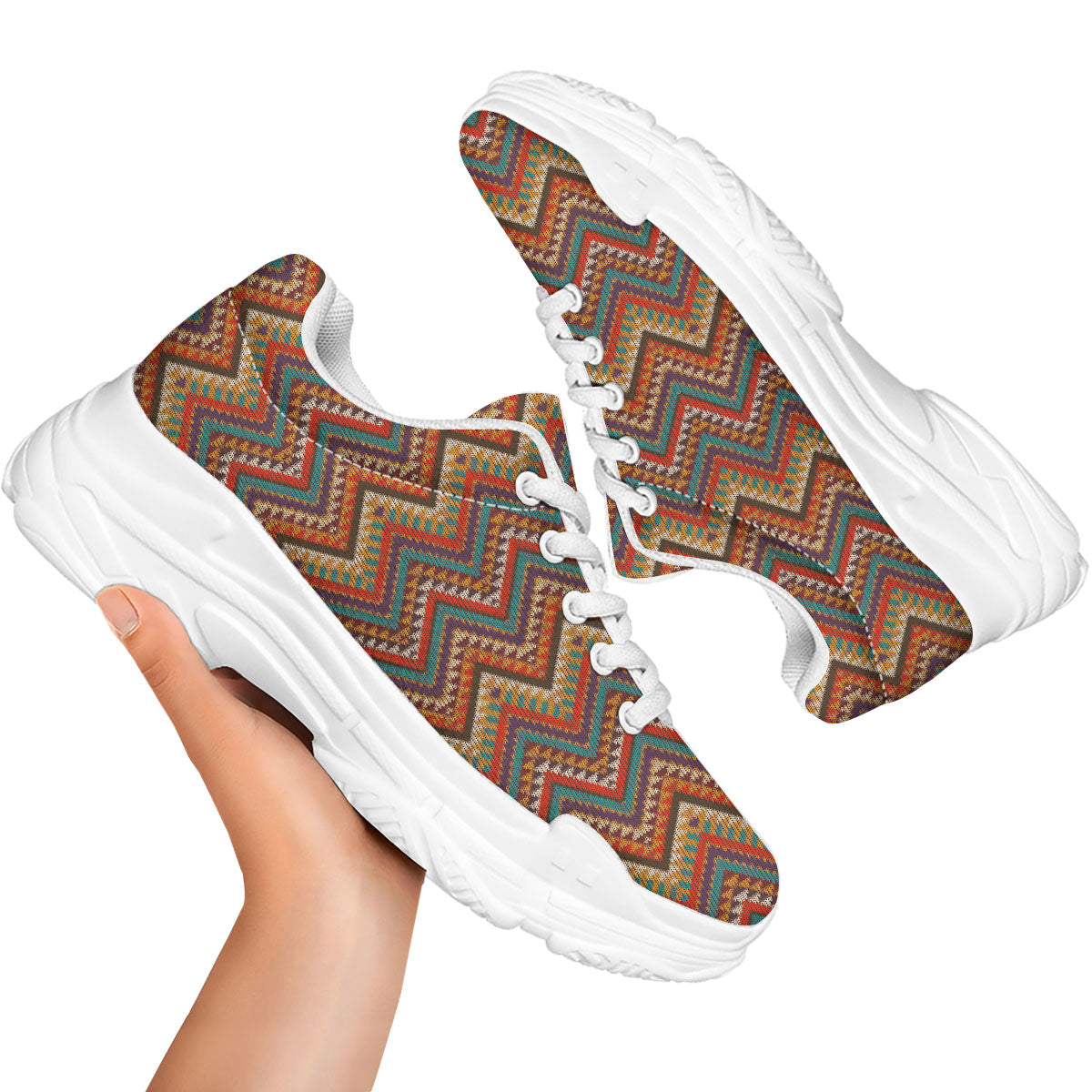Knitted Zigzag Print Pattern White Chunky Shoes-grizzshop