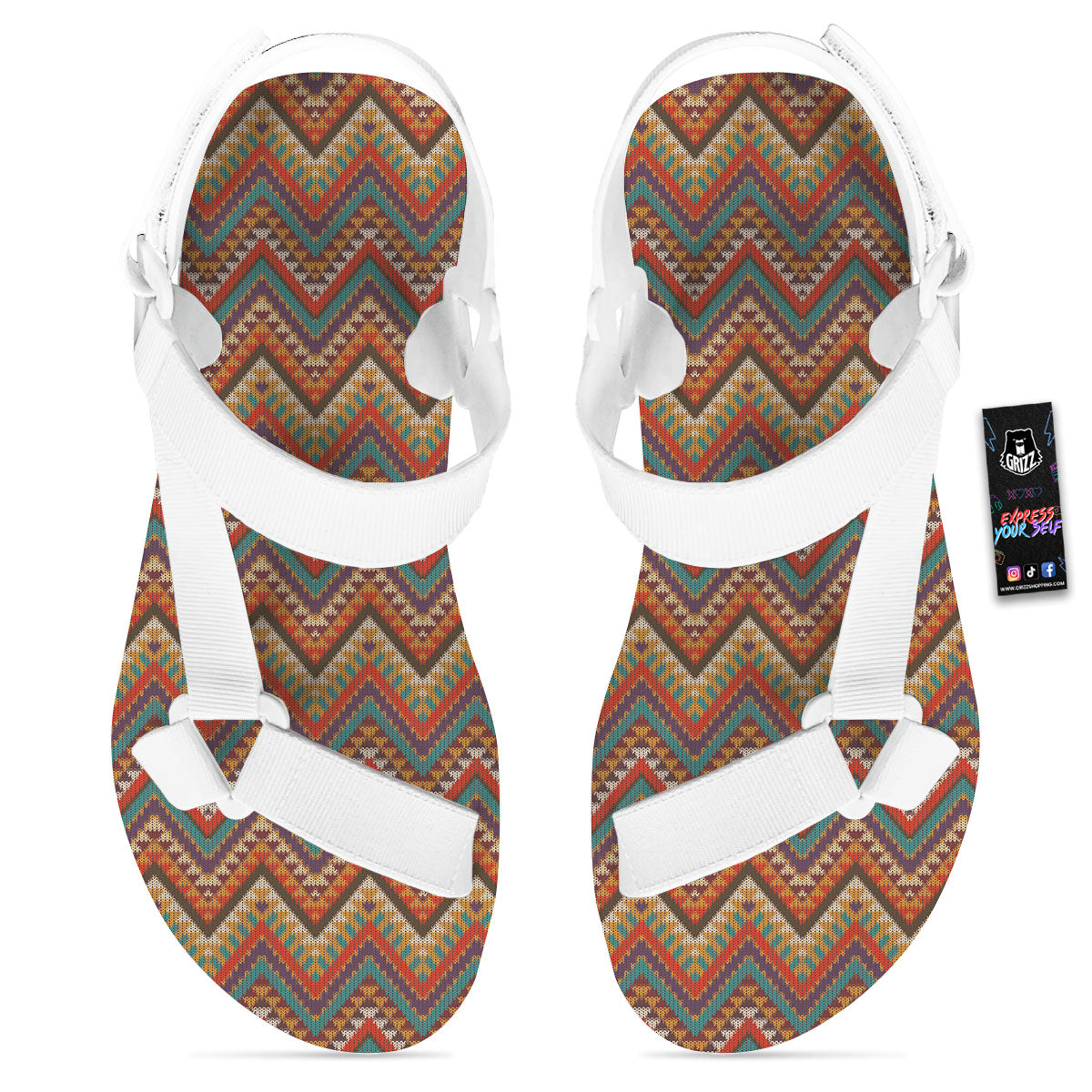 Knitted Zigzag Print Pattern White Open Toe Sandals-grizzshop