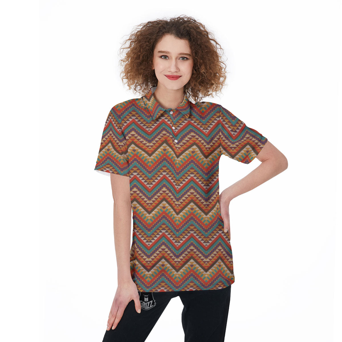 Knitted Zigzag Print Pattern Women's Golf Shirts-grizzshop