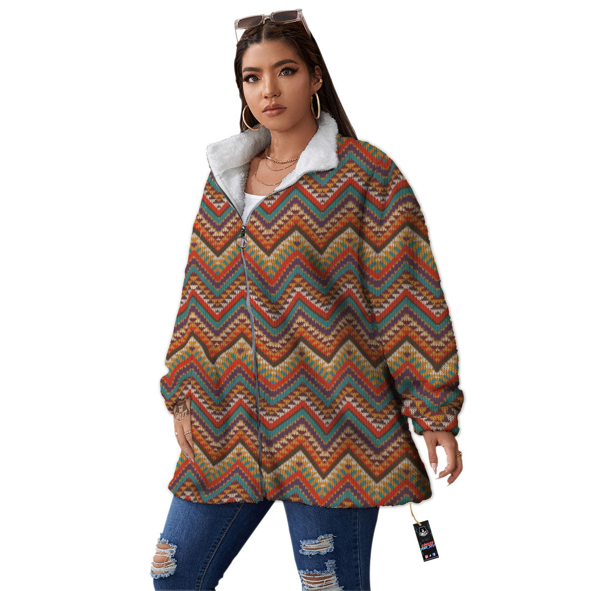 Knitted Zigzag Print Pattern Women's Sherpa Jacket-grizzshop