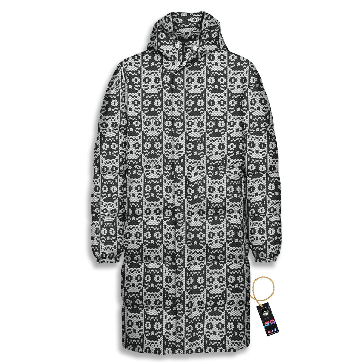 Knitted Black Cat Print Pattern Long Down Jacket