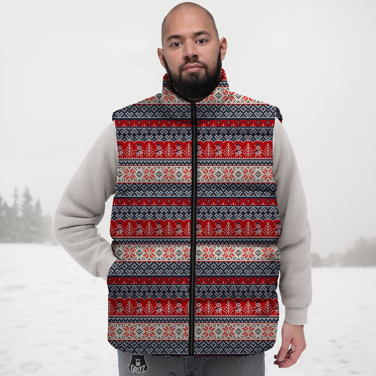 Knitted Christmas Snowman Print Pattern Down Vest