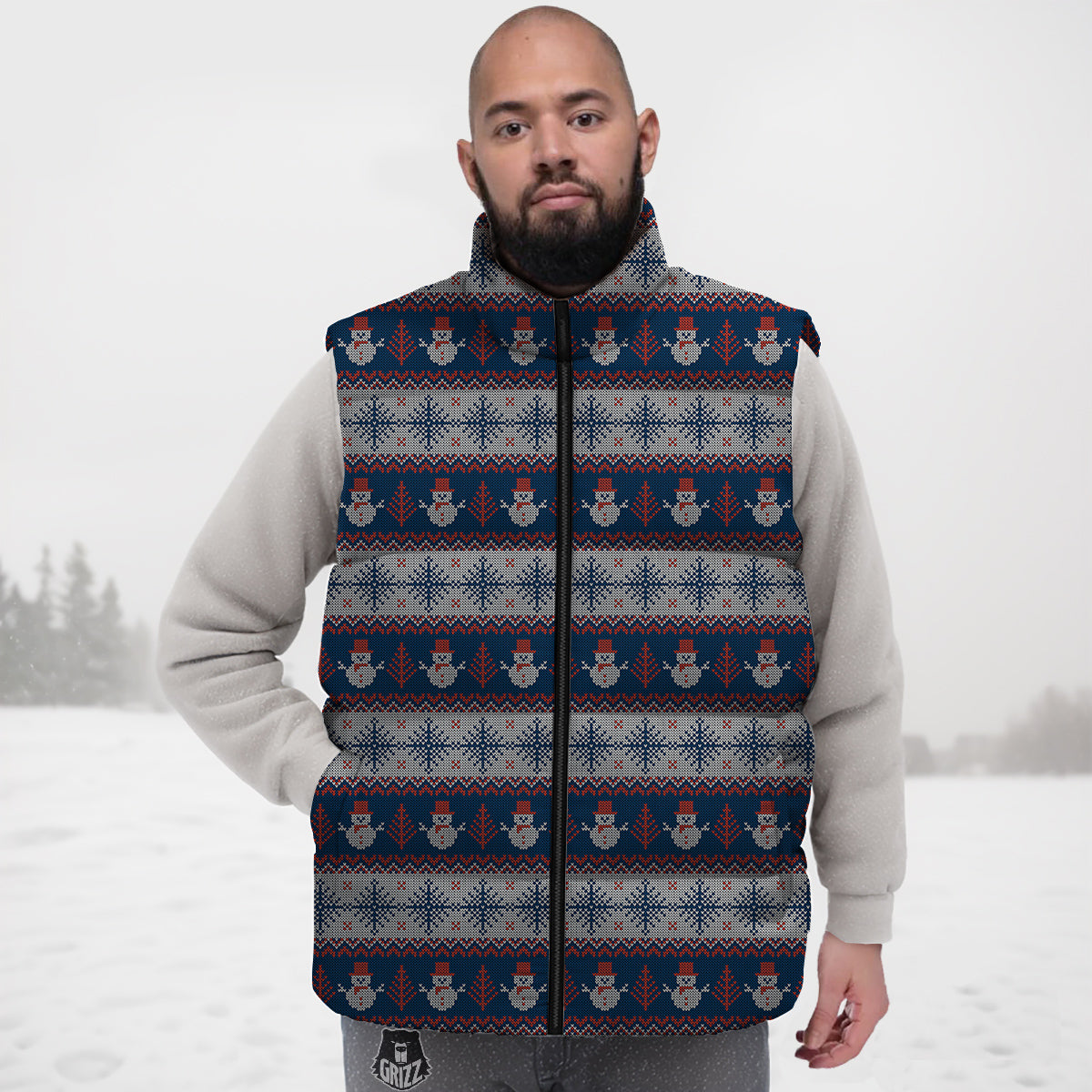 Knitted Cute Snowman Print Pattern Down Vest