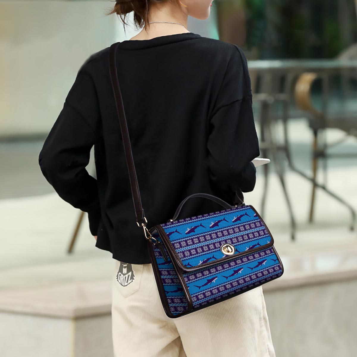 Knitted Shark Print Pattern Women's Satchel Bag