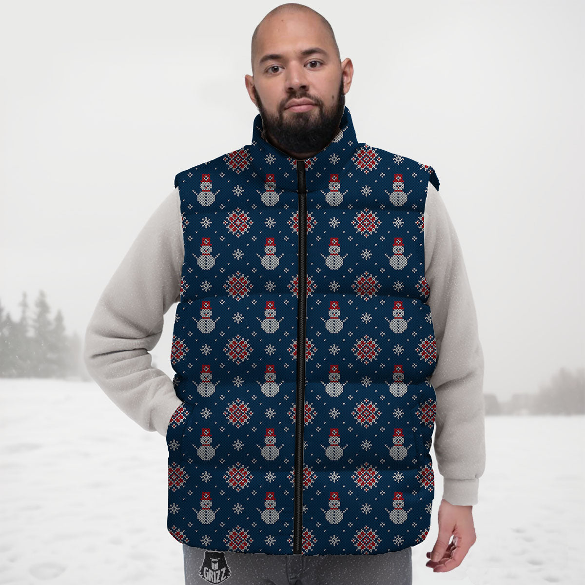 Knitted Snowman Print Pattern Down Vest