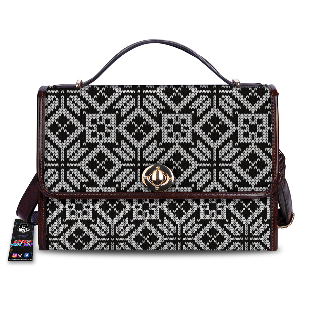 Knitted White And Black Print Pattern Women's Satchel Bag