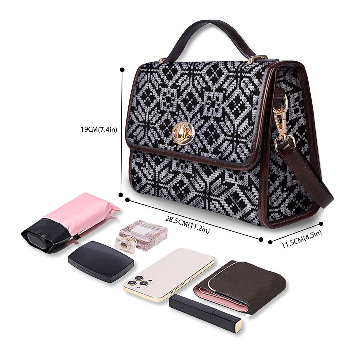 Knitted White And Black Print Pattern Women's Satchel Bag