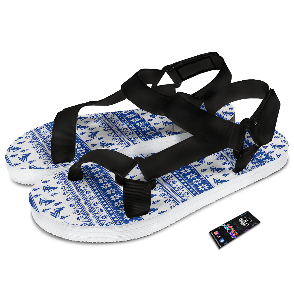 Knitting Winter Ski Print Pattern Black Open Toe Sandals-grizzshop