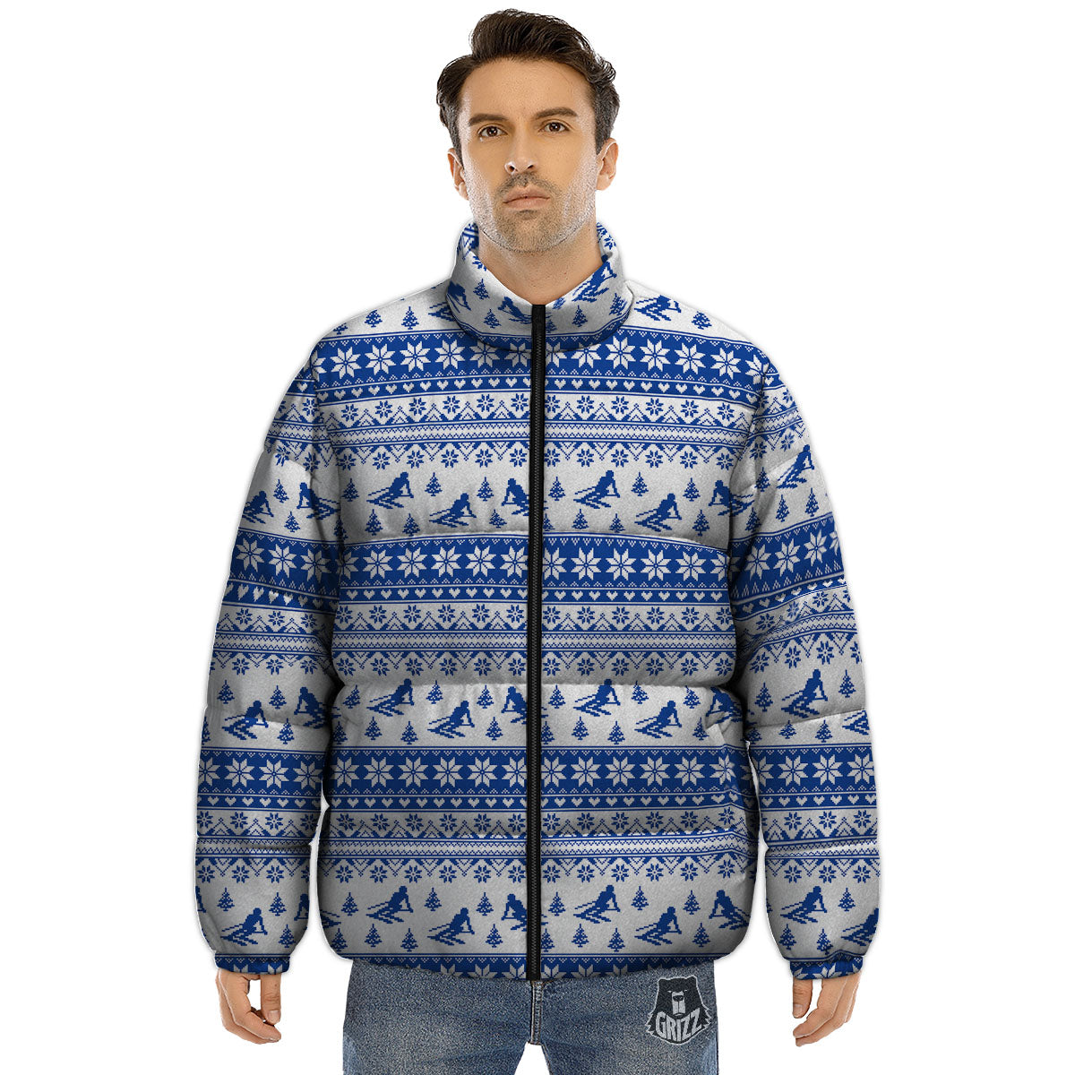 Knitting Winter Ski Print Pattern Puffer Jacket-grizzshop