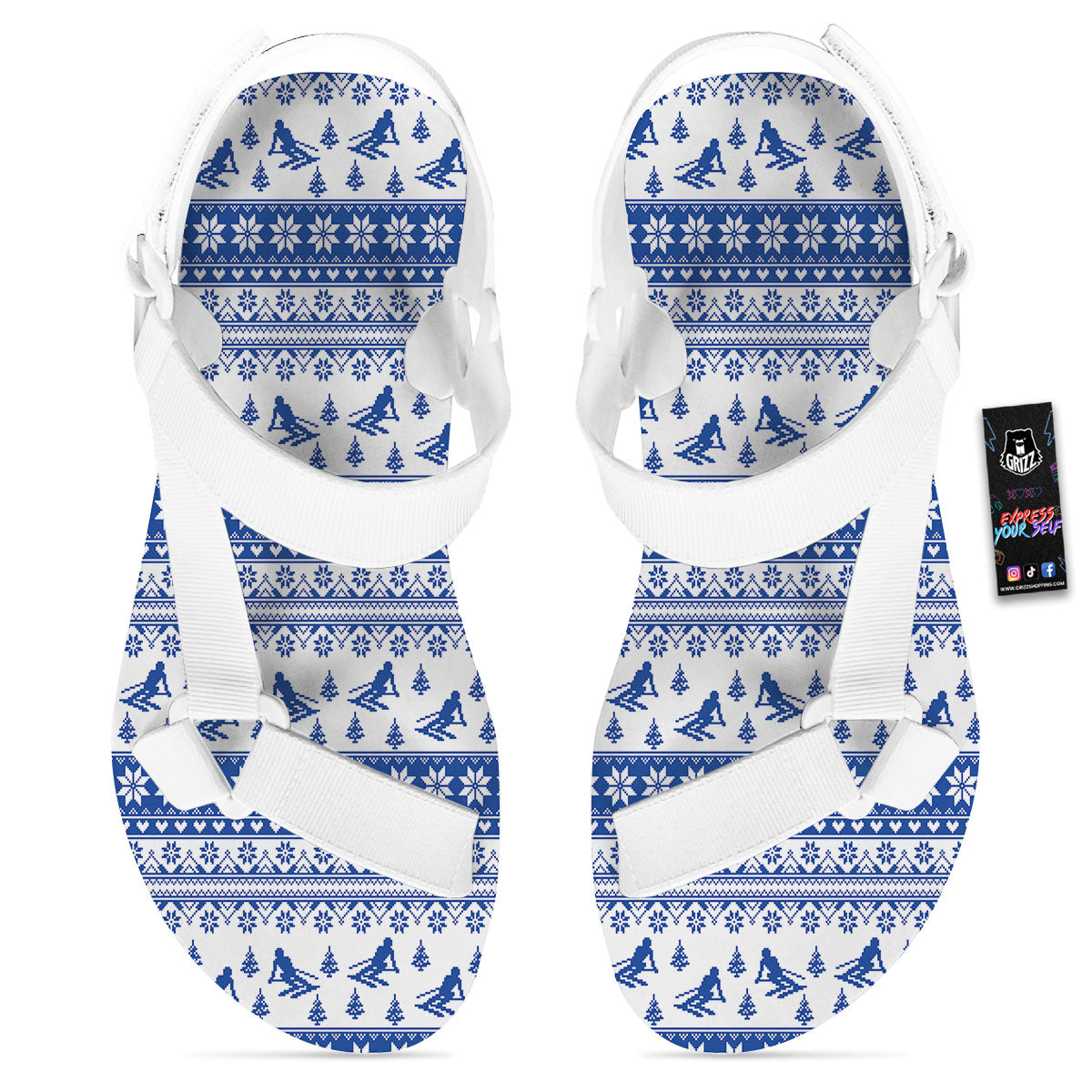 Knitting Winter Ski Print Pattern White Open Toe Sandals-grizzshop