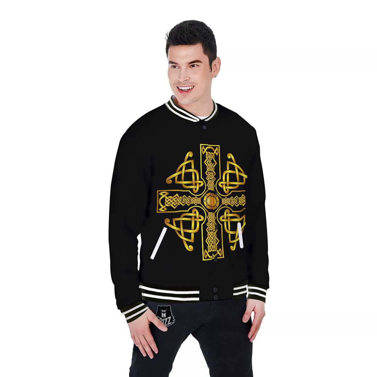 Knot Cross Gold Celtic Print Baseball Jacket-grizzshop