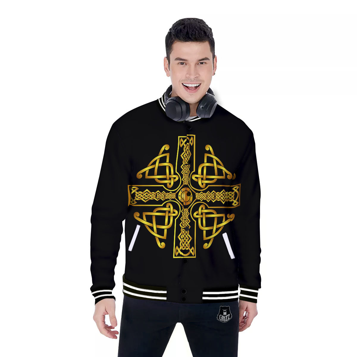 Knot Cross Gold Celtic Print Baseball Jacket-grizzshop