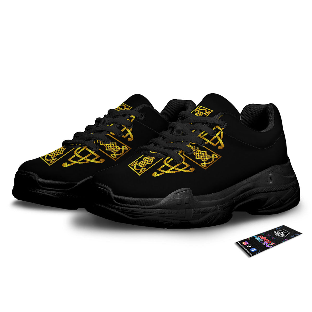 Knot Cross Gold Celtic Print Black Chunky Shoes-grizzshop