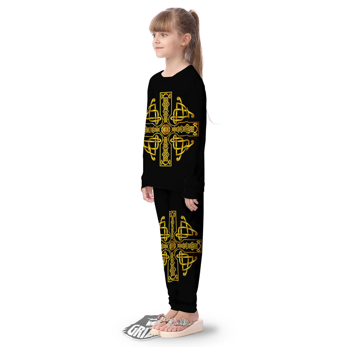 Knot Cross Gold Celtic Print Kid's Pajamas-grizzshop