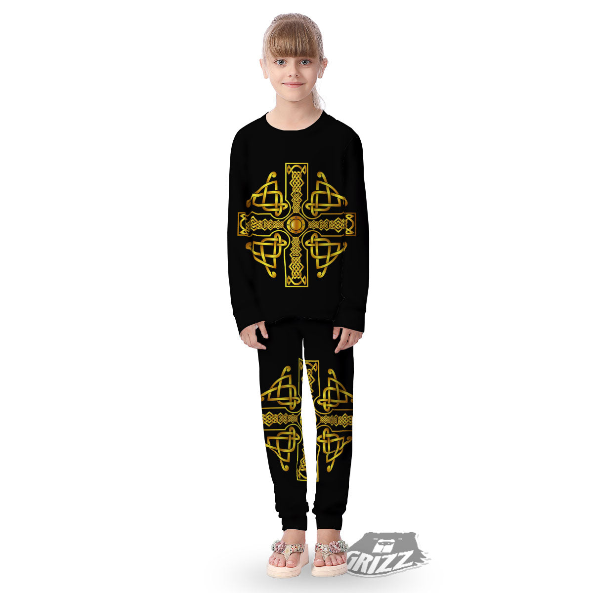 Knot Cross Gold Celtic Print Kid's Pajamas-grizzshop