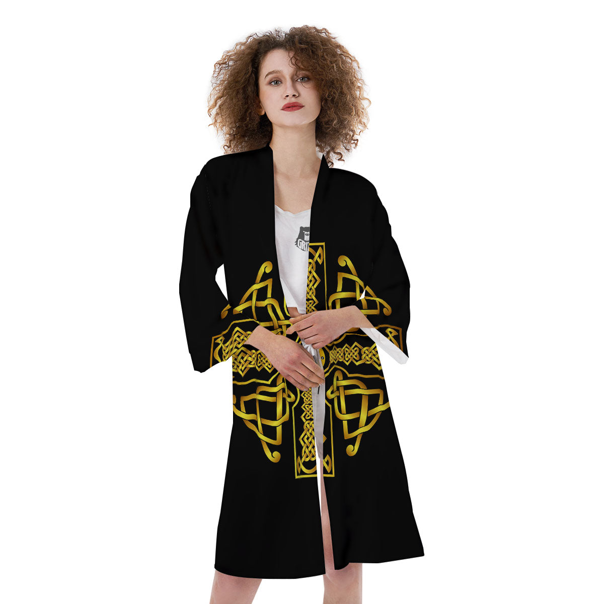 Knot Cross Gold Celtic Print Kimono-grizzshop