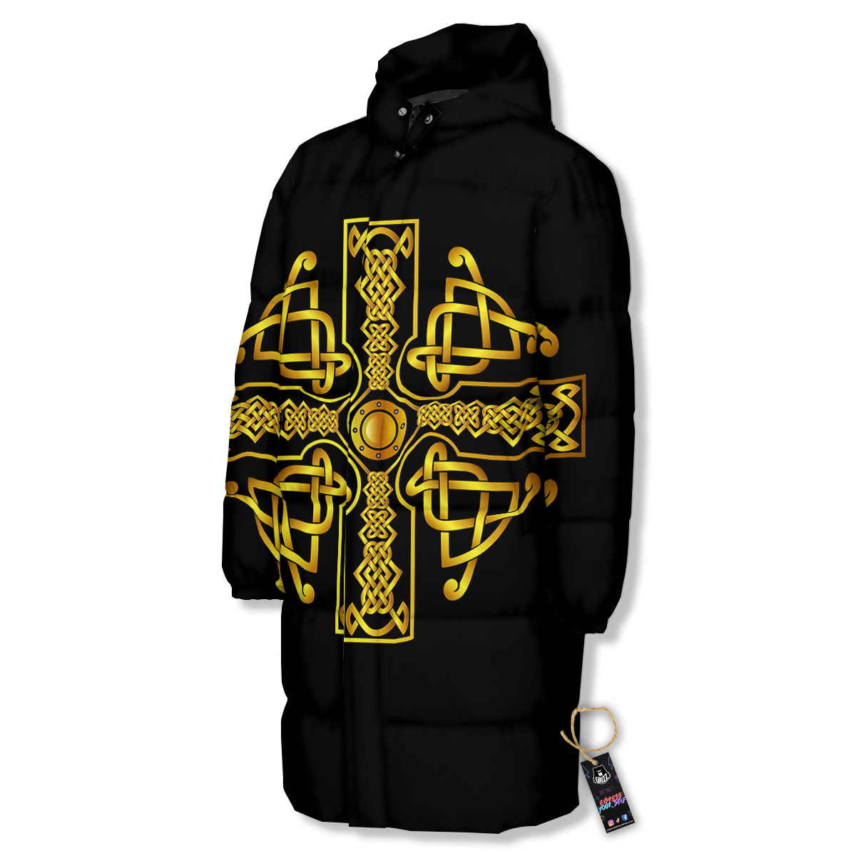 Knot Cross Gold Celtic Print Long Down Jacket-grizzshop