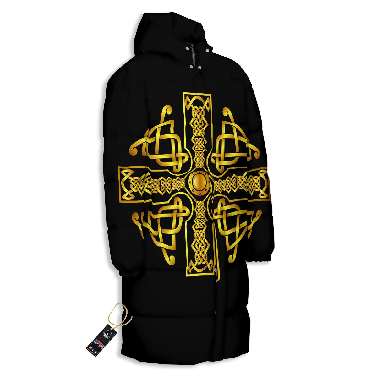 Knot Cross Gold Celtic Print Long Down Jacket-grizzshop