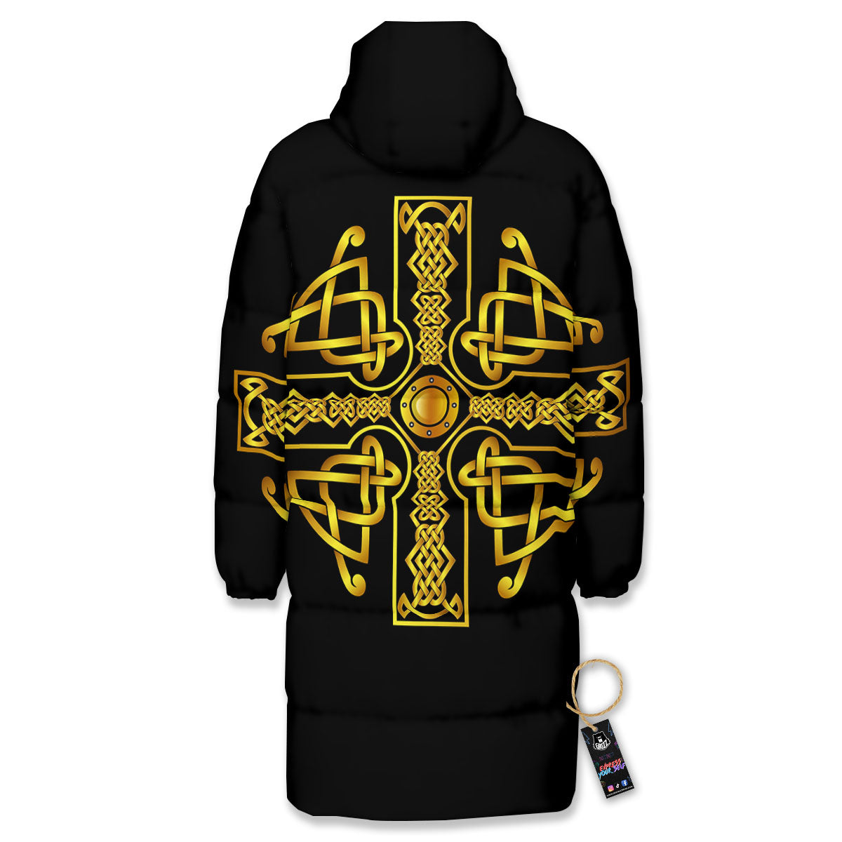Knot Cross Gold Celtic Print Long Down Jacket-grizzshop