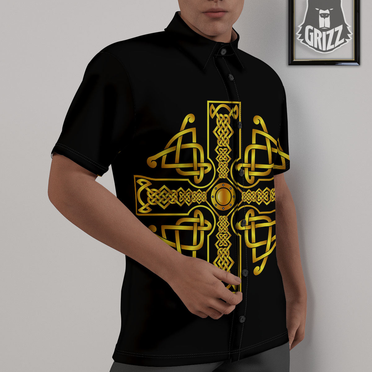 Knot Cross Gold Celtic Print Untucked Shirts-grizzshop