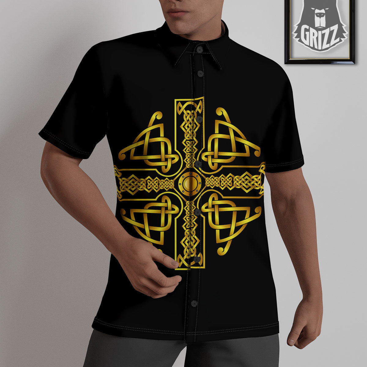 Knot Cross Gold Celtic Print Untucked Shirts-grizzshop